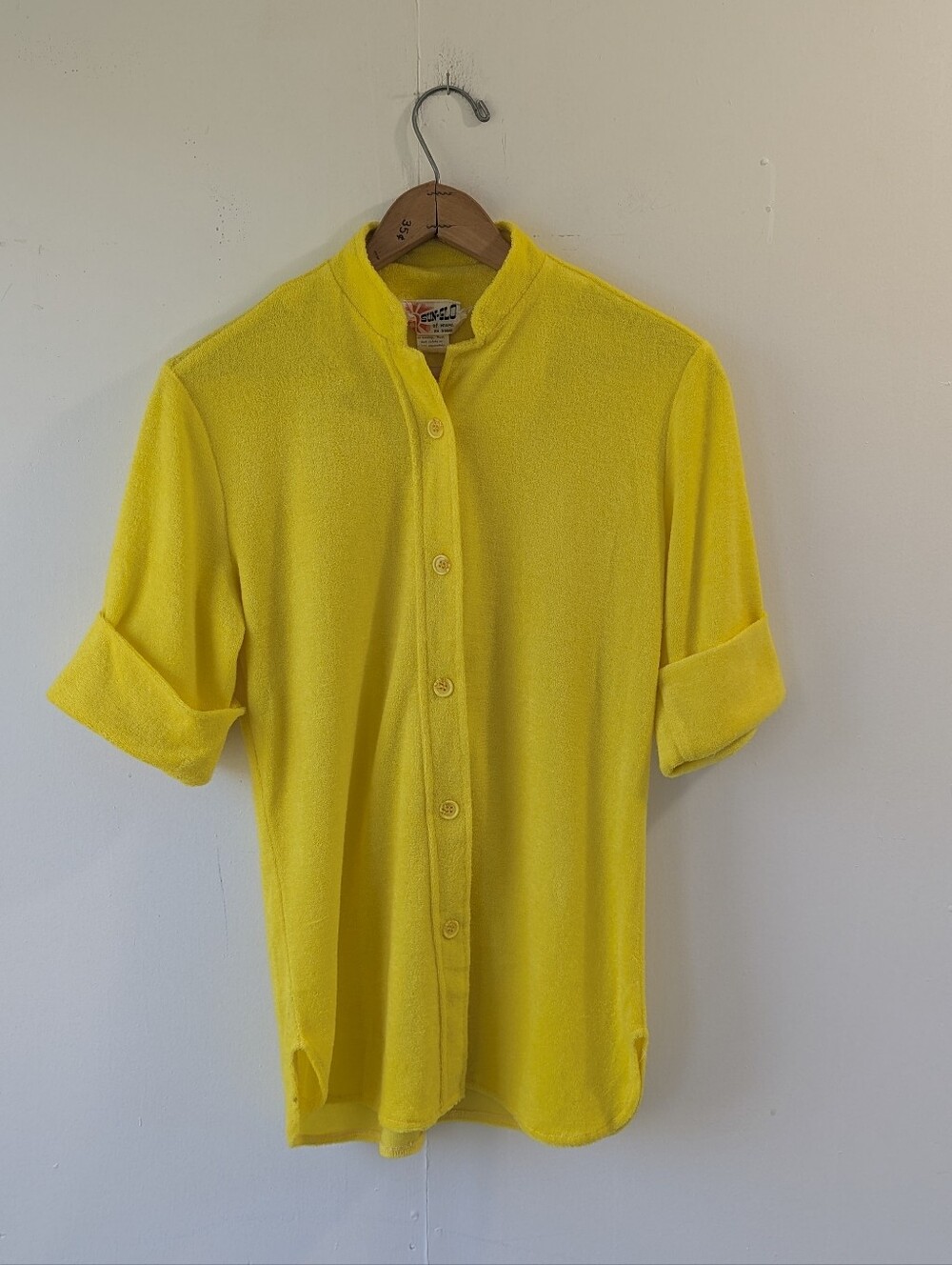 Vintage 70's Sun-Glo Bright Yellow Terry Cloth Short-Sleeve Button-Down Shirt